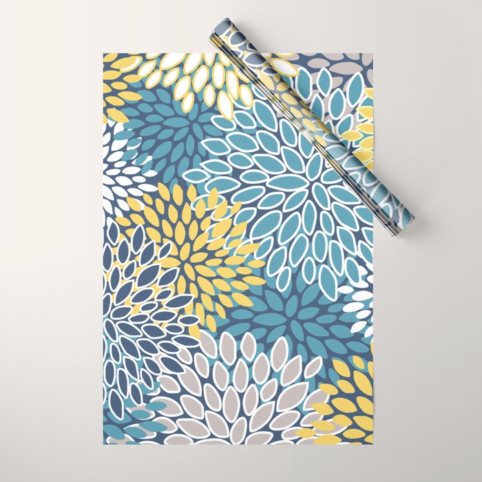 Modern, Floral Prints, Blue and Yellow Wrapping Paper Gallery Image 1