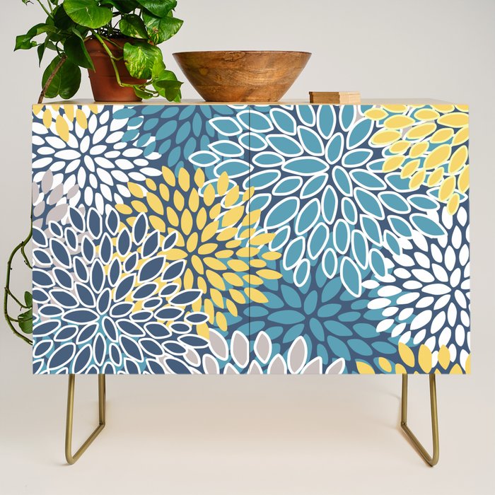 Modern, Floral Prints, Blue and Yellow Credenza Gallery Image 1