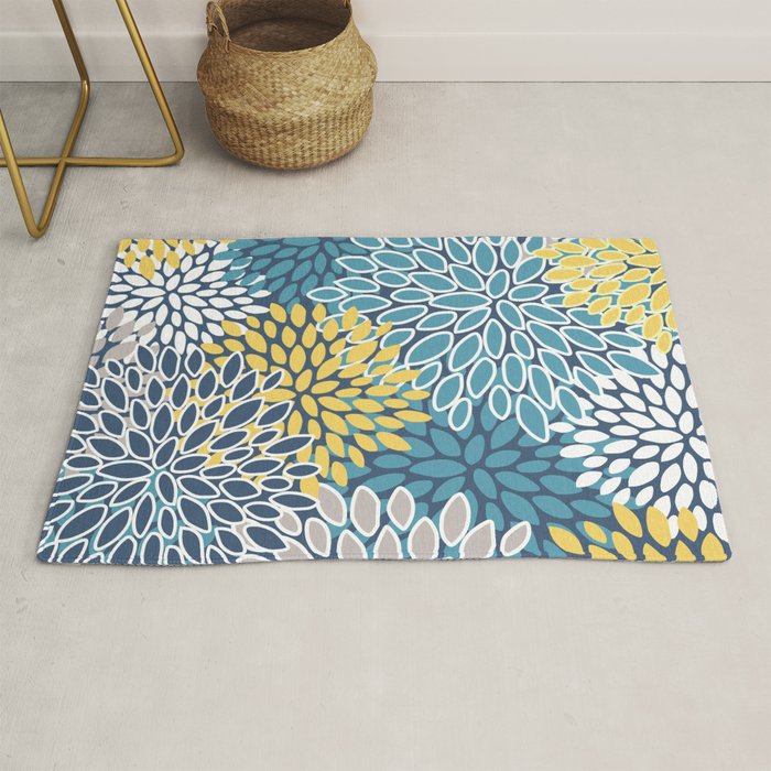Modern, Floral Prints, Blue and Yellow Rug Gallery Image 1