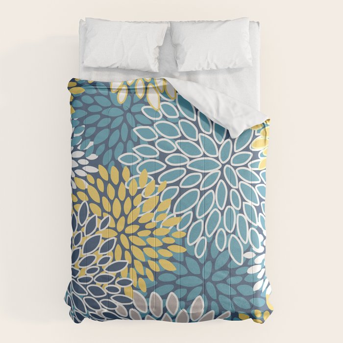 Modern, Floral Prints, Blue and Yellow Comforter Gallery Image 6