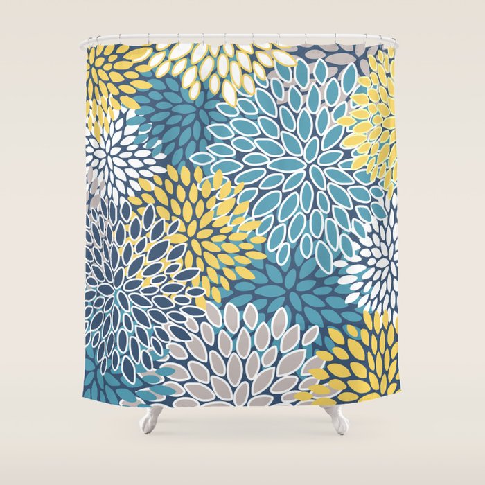 Modern, Floral Prints, Blue and Yellow Shower Curtain Gallery Image 1