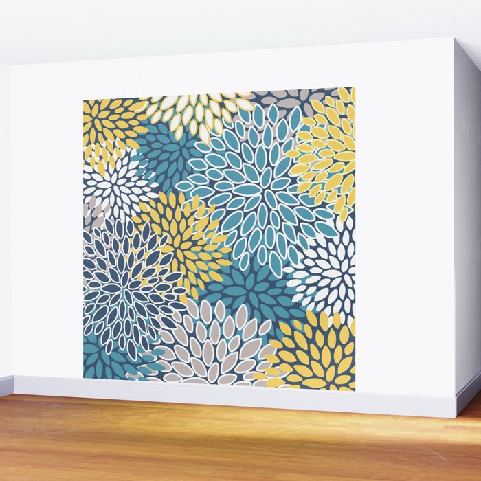 Modern, Floral Prints, Blue and Yellow Wall Mural Gallery Image 2