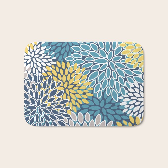 Modern, Floral Prints, Blue and Yellow Bath Mat Gallery Image 1