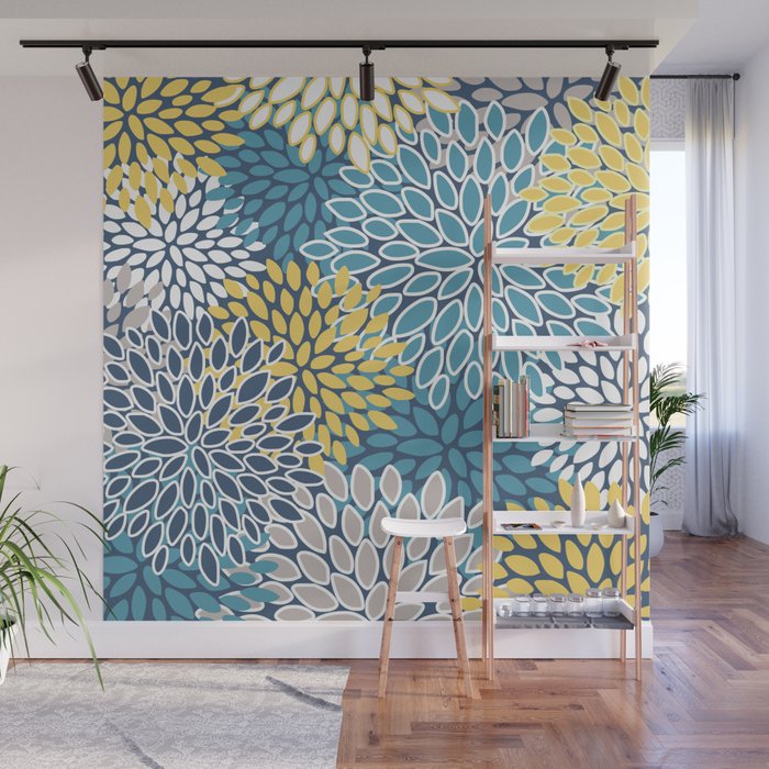 Modern, Floral Prints, Blue and Yellow Wall Mural Gallery Image 1