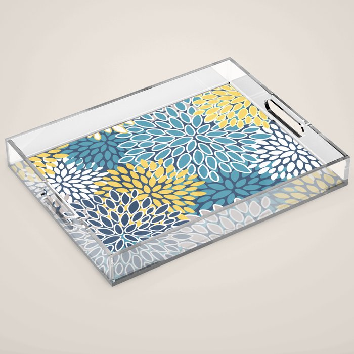 Modern, Floral Prints, Blue and Yellow Acrylic Tray Gallery Image 1