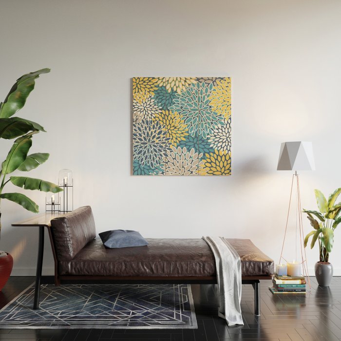 Modern, Floral Prints, Blue and Yellow Wood Wall Art Gallery Image 2