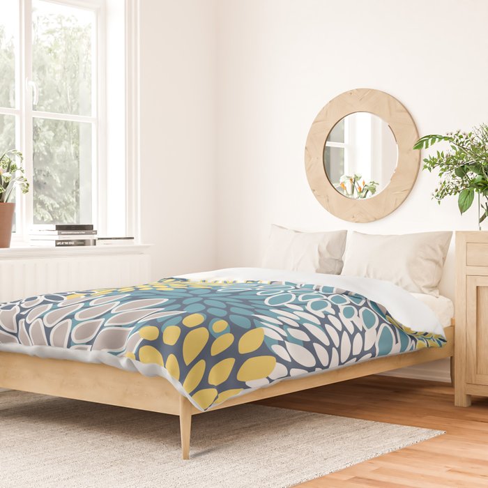 Modern, Floral Prints, Blue and Yellow Duvet Cover Gallery Image 2