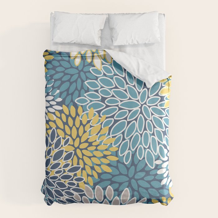 Modern, Floral Prints, Blue and Yellow Duvet Cover Gallery Image 6