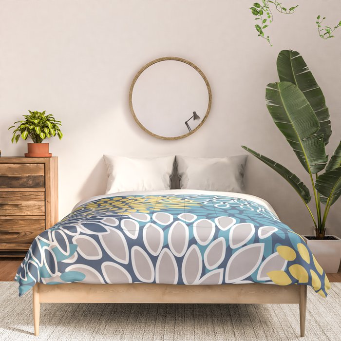 Modern, Floral Prints, Blue and Yellow Comforter Gallery Image 3