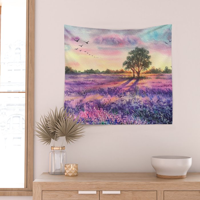 Provence Lavender Field at Sunset Wall Tapestry Gallery Image 2