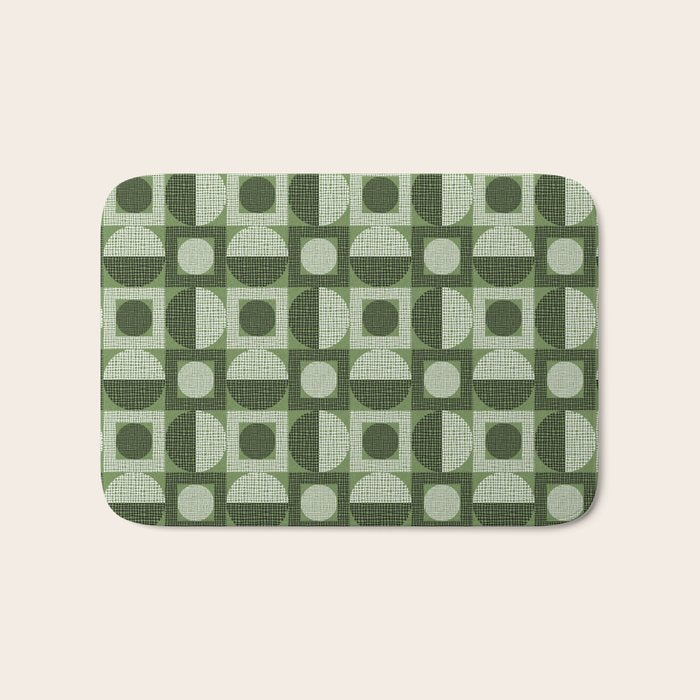 Retro Texture Geometric Squares And Circles Pattern No 5 Sage Green Black White Bath Mat Gallery Image 1