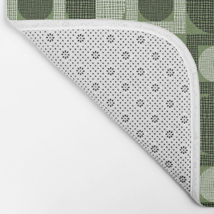 Retro Texture Geometric Squares And Circles Pattern No 5 Sage Green Black White Bath Mat Gallery Image 2