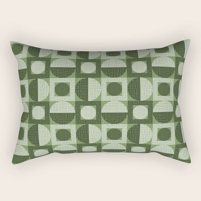 Retro Texture Geometric Squares And Circles Pattern No 5 Sage Green Black White Rectangular Pillow Gallery Image 1