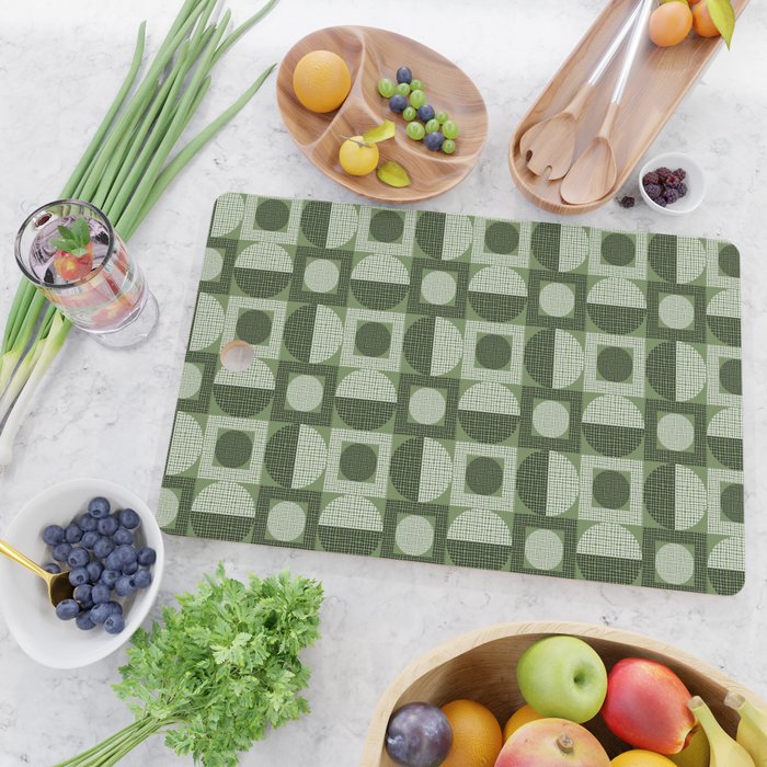 Retro Texture Geometric Squares And Circles Pattern No 5 Sage Green Black White Cutting Board Gallery Image 2