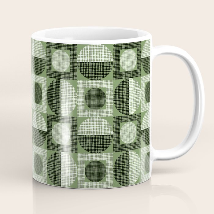 Retro Texture Geometric Squares And Circles Pattern No 5 Sage Green Black White Coffee Mug Gallery Image 1