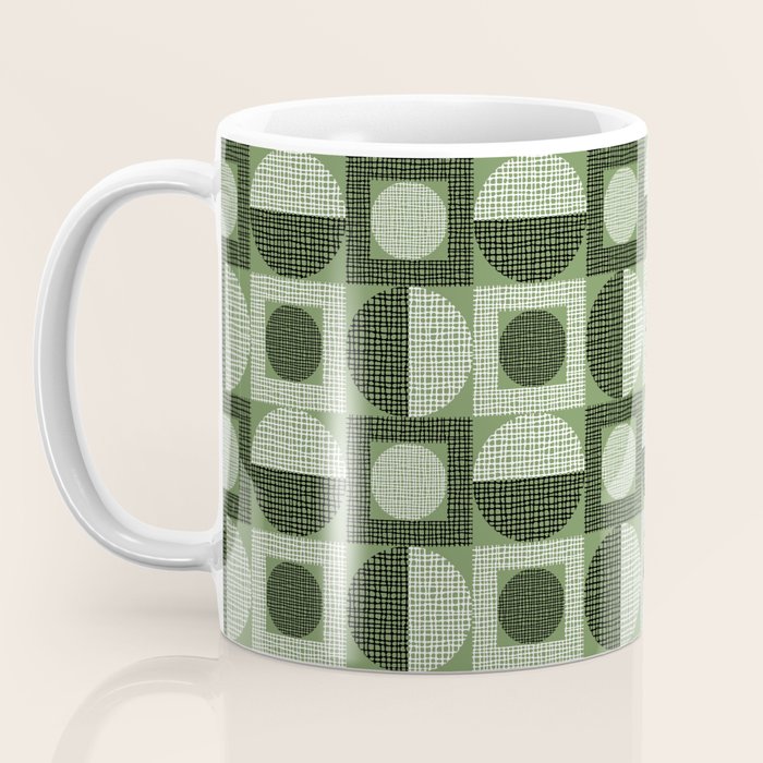 Retro Texture Geometric Squares And Circles Pattern No 5 Sage Green Black White Coffee Mug Gallery Image 3