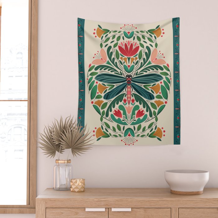 Dragonfly Folk Design Wall Tapestry Gallery Image 2