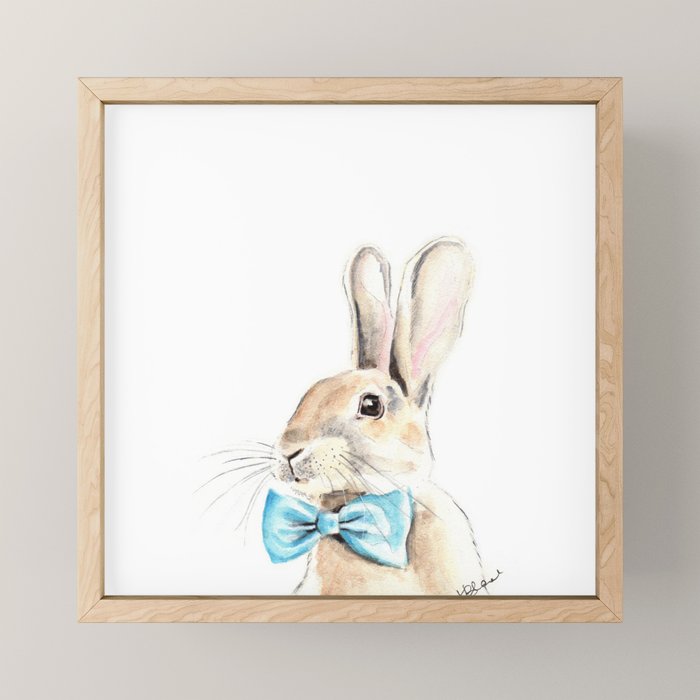 Bunny with a blue bow tie Watercolor painting  Mini Art Print