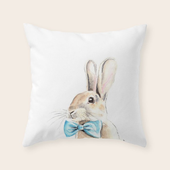 Bunny with a blue bow tie Watercolor painting  Throw Pillow Gallery Image 1