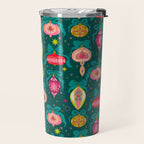 Vintage Christmas Ornaments on Deep Teal Background Holiday Pattern Travel Mug Gallery Image 2