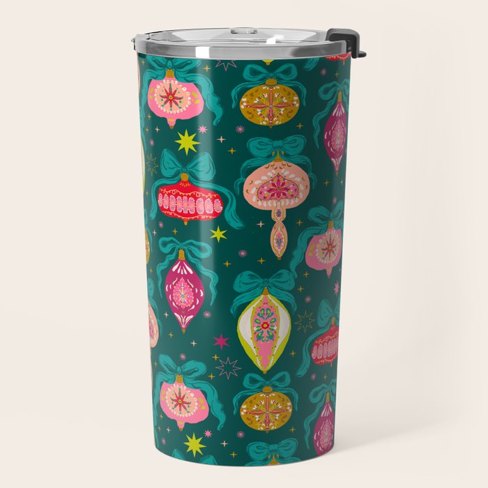 Vintage Christmas Ornaments on Deep Teal Background Holiday Pattern Travel Mug Gallery Image 2