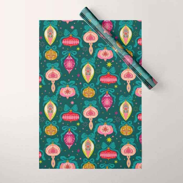 Vintage Christmas Ornaments on Deep Teal Background Holiday Pattern Wrapping Paper Gallery Image 1