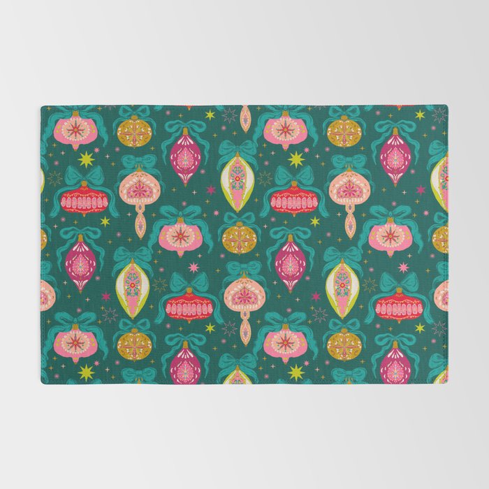 Vintage Christmas Ornaments on Deep Teal Background Holiday Pattern Rug Gallery Image 2