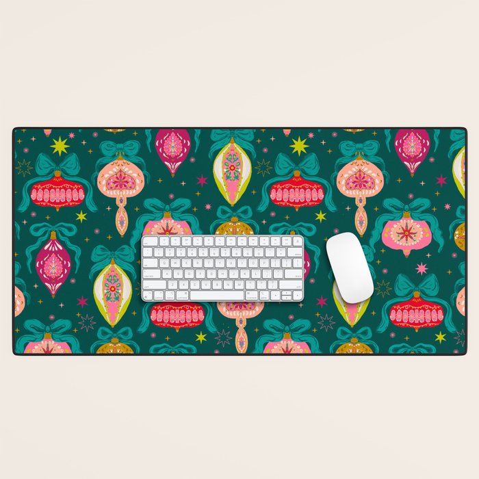 Vintage Christmas Ornaments on Deep Teal Background Holiday Pattern Desk Mat Gallery Image 1