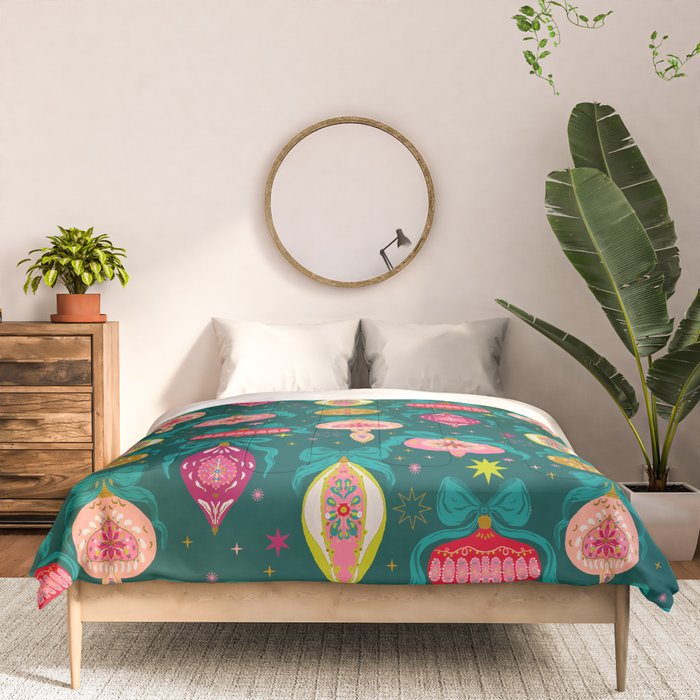 Vintage Christmas Ornaments on Deep Teal Background Holiday Pattern Comforter Gallery Image 3