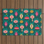 Vintage Christmas Ornaments on Deep Teal Background Holiday Pattern Outdoor Rug Gallery Image 1