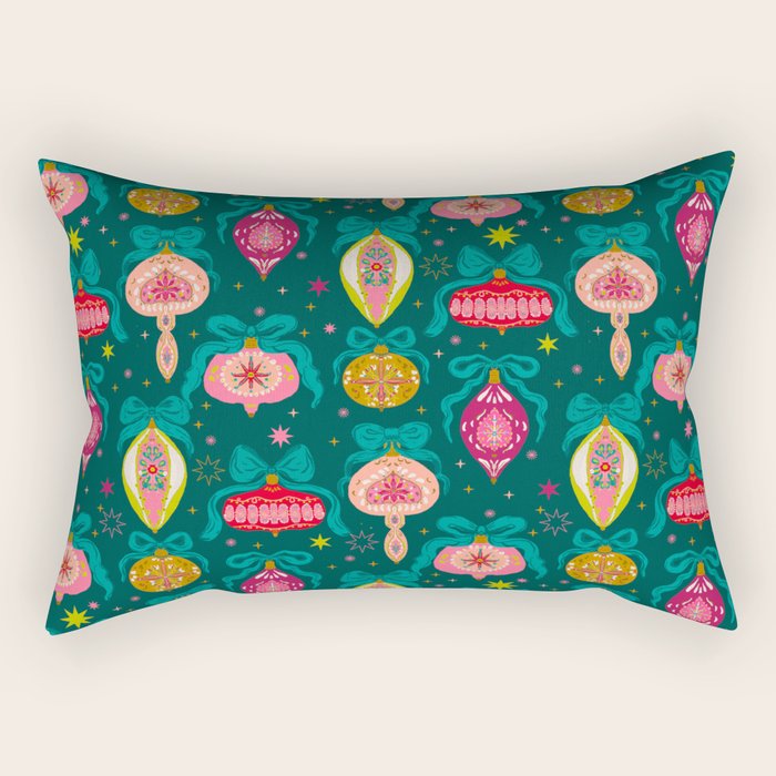Vintage Christmas Ornaments on Deep Teal Background Holiday Pattern Rectangular Pillow Gallery Image 2