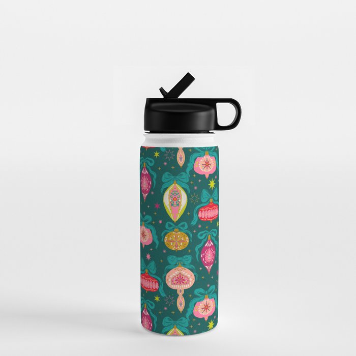 Vintage Christmas Ornaments on Deep Teal Background Holiday Pattern Water Bottle Gallery Image 1