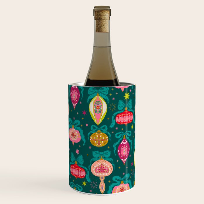 Vintage Christmas Ornaments on Deep Teal Background Holiday Pattern Wine Chiller Gallery Image 1