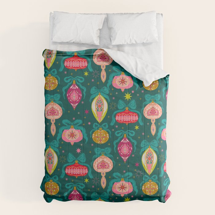 Vintage Christmas Ornaments on Deep Teal Background Holiday Pattern Comforter Gallery Image 1