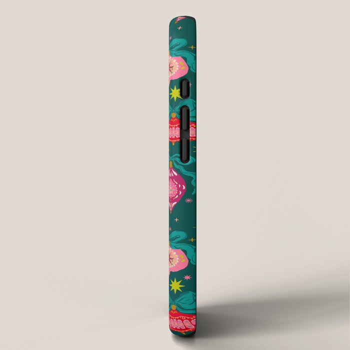 Vintage Christmas Ornaments on Deep Teal Background Holiday Pattern iPhone Case Gallery Image 2