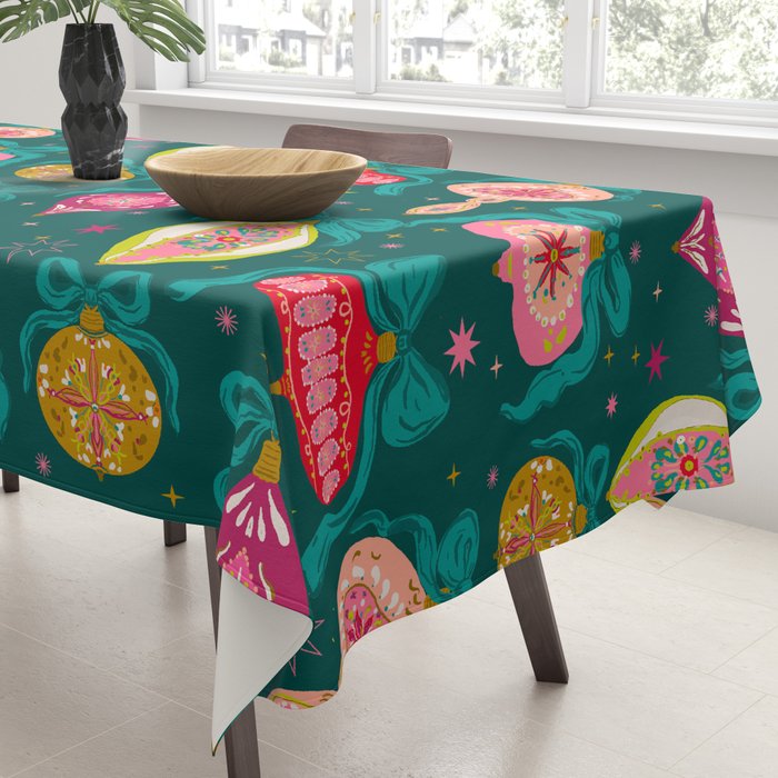 Vintage Christmas Ornaments on Deep Teal Background Holiday Pattern Tablecloth Gallery Image 3