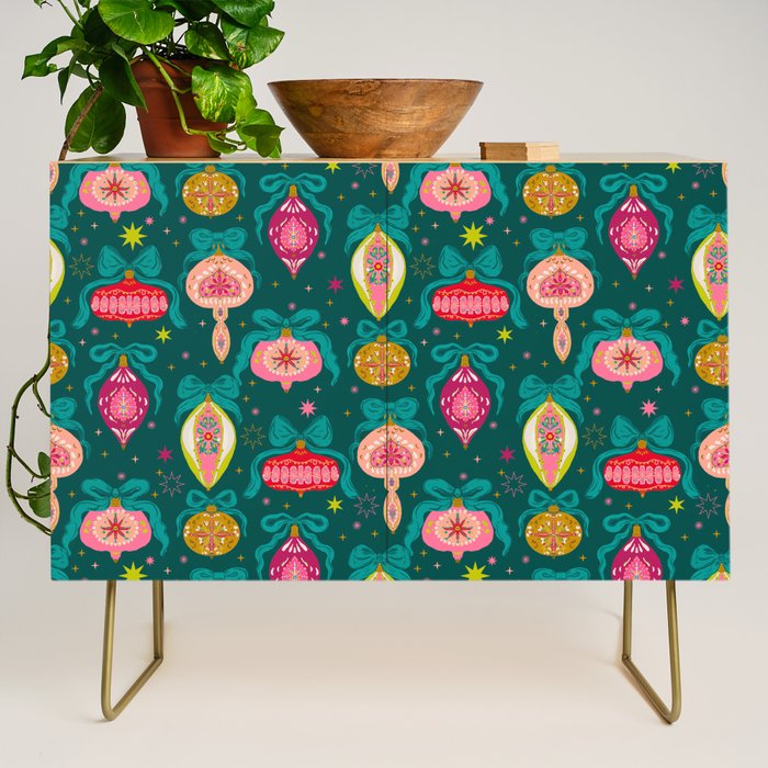Vintage Christmas Ornaments on Deep Teal Background Holiday Pattern Credenza Gallery Image 1