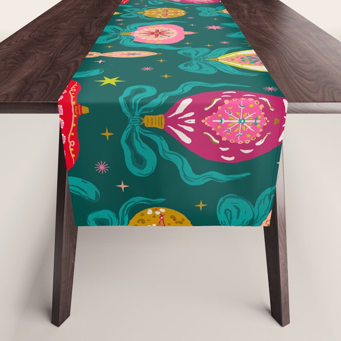 Vintage Christmas Ornaments on Deep Teal Background Holiday Pattern Table Runner Gallery Image 1