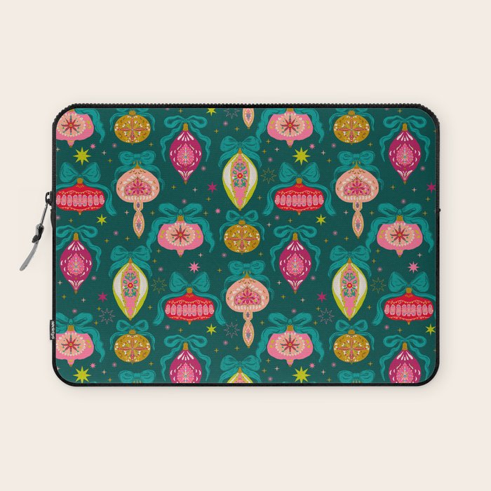 Vintage Christmas Ornaments on Deep Teal Background Holiday Pattern Laptop Sleeve Gallery Image 1