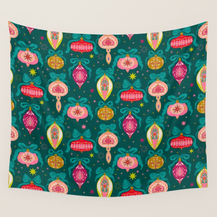 Vintage Christmas Ornaments on Deep Teal Background Holiday Pattern Wall Tapestry Gallery Image 4