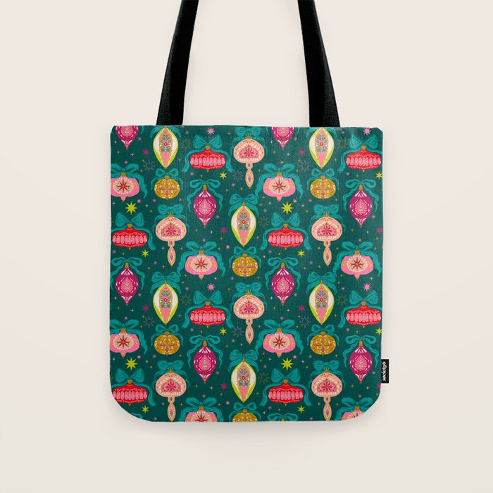 Vintage Christmas Ornaments on Deep Teal Background Holiday Pattern Tote Bag Gallery Image 1