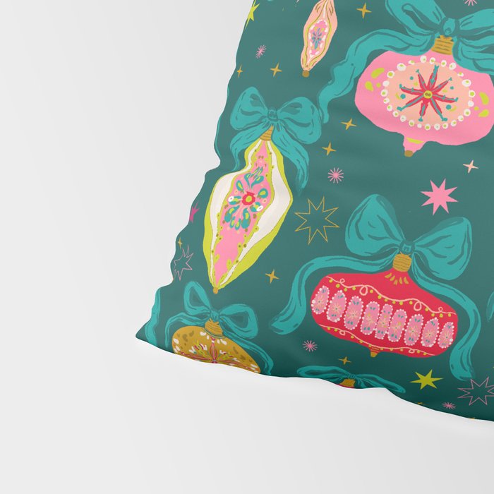 Vintage Christmas Ornaments on Deep Teal Background Holiday Pattern Pillow Sham Gallery Image 4