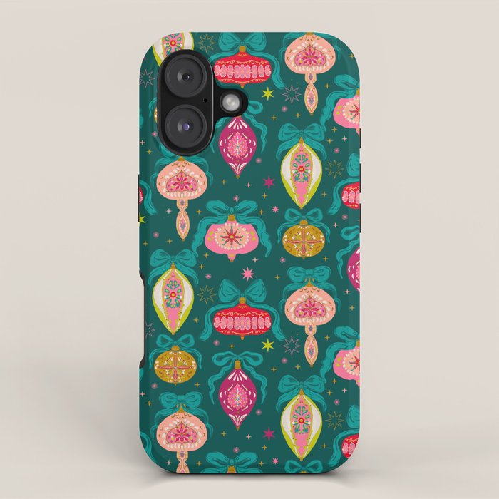 Vintage Christmas Ornaments on Deep Teal Background Holiday Pattern iPhone Case Gallery Image 1
