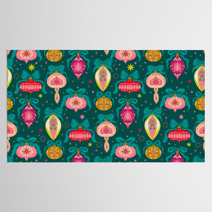 Vintage Christmas Ornaments on Deep Teal Background Holiday Pattern Tablecloth Gallery Image 2