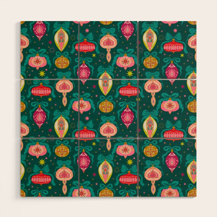 Vintage Christmas Ornaments on Deep Teal Background Holiday Pattern Wood Wall Art Gallery Image 1