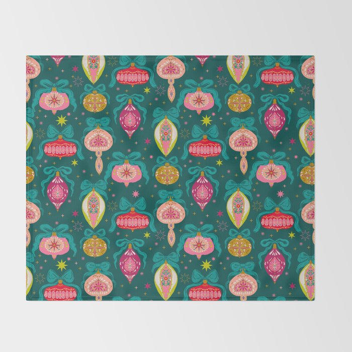 Vintage Christmas Ornaments on Deep Teal Background Holiday Pattern Throw Blanket Gallery Image 2