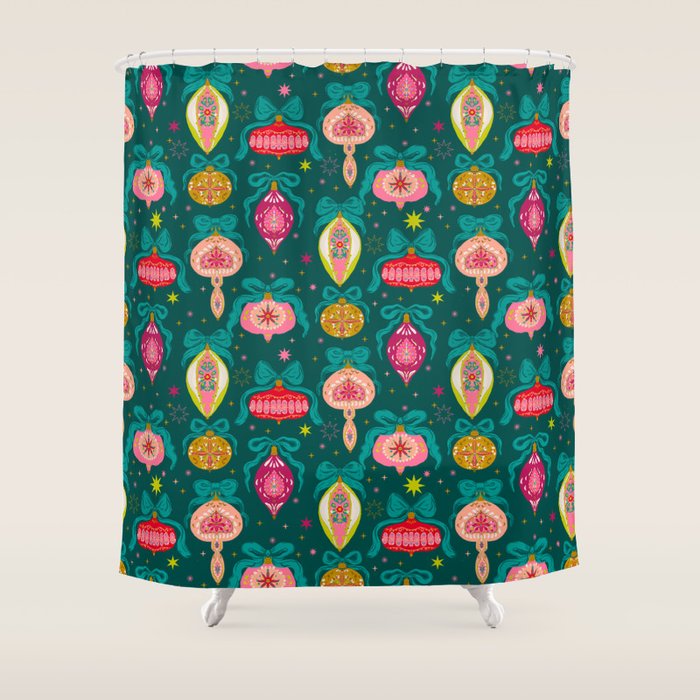 Vintage Christmas Ornaments on Deep Teal Background Holiday Pattern Shower Curtain Gallery Image 1
