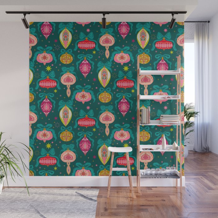 Vintage Christmas Ornaments on Deep Teal Background Holiday Pattern Wall Mural Gallery Image 1
