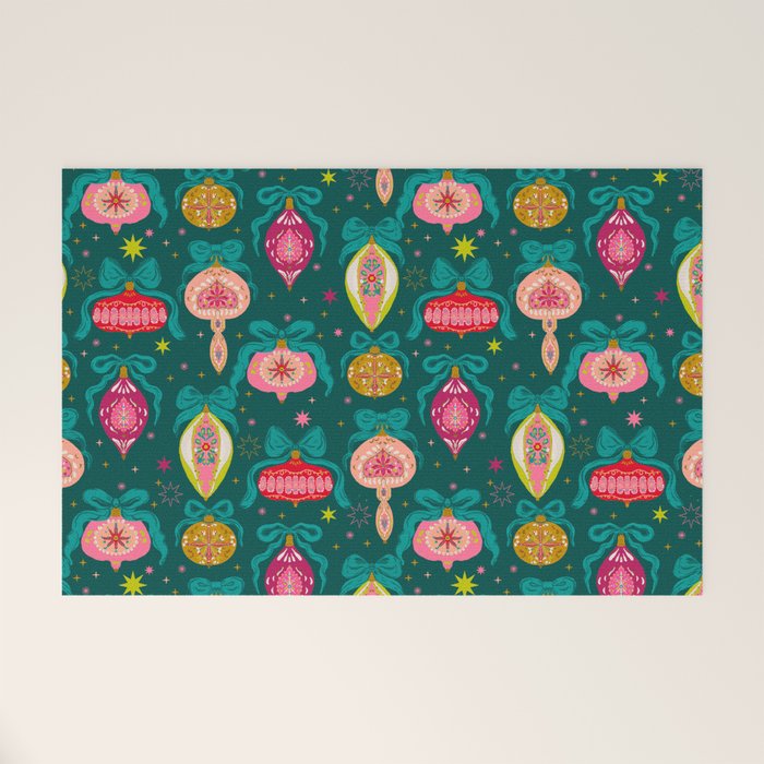 Vintage Christmas Ornaments on Deep Teal Background Holiday Pattern Welcome Mat Gallery Image 1