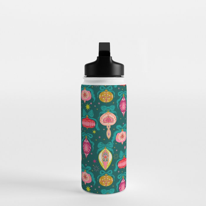 Vintage Christmas Ornaments on Deep Teal Background Holiday Pattern Water Bottle Gallery Image 3
